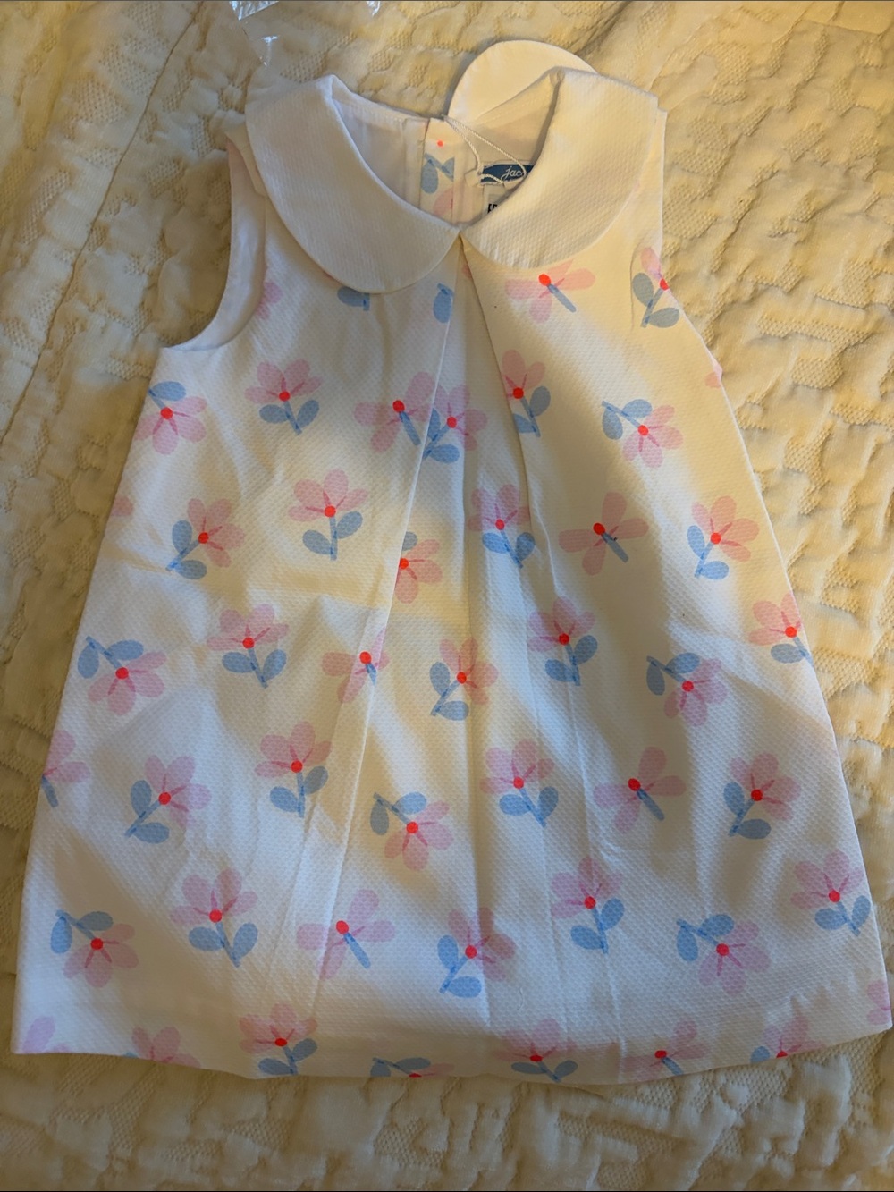 Girls Floral Peter Pan Collar Dress - White with Pink & Blue Flowers jacadi
